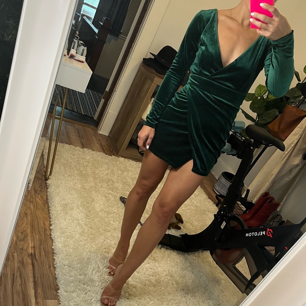 Revolve emerald green velvet mini dress